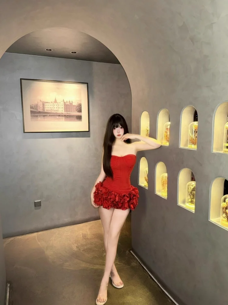 

Red Rose Heavy Work New Year Warrobe Fibone Strapl Dr Women's Birthday Gift Puffy ort Skirt Bodycon Dr