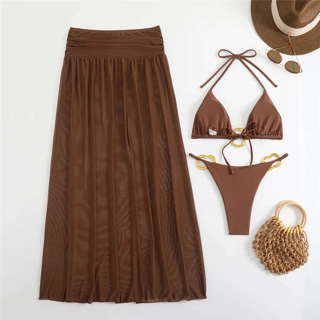 Mit Rock, Neckholder, Metallring, Bikini, Damen-Badebekleidung, Damen-Badeanzug, dreiteiliges Bikini-Set, gepolsterter Badeanzug, Badeanzug, Schwimmanzug V7068 – Detail 27