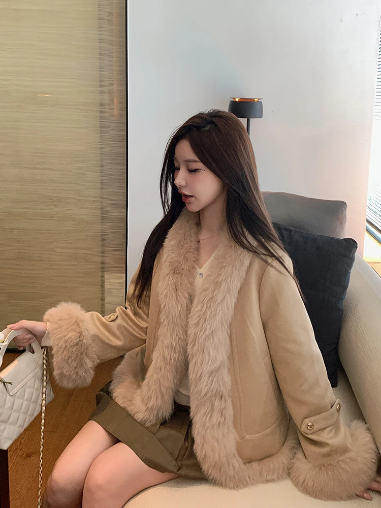 

Женское пальто GG Small Warmstove 2025, новинка зимы, с наполнителем из 90% белого гусиного пуха, замшевым воротником из искусственного меха, большим меховым воротником, средней длины