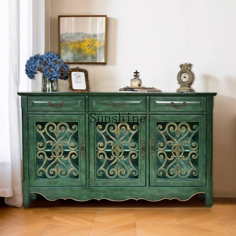 European and American rural entrance Mediterranean style storage solid wood retro integrated side cabinet