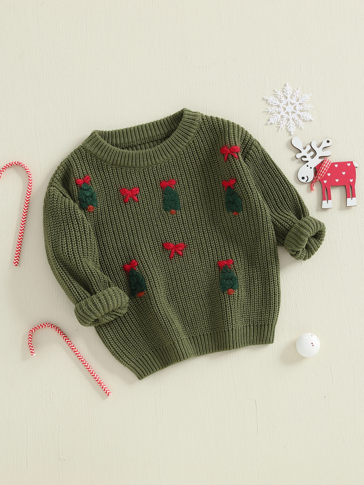 FOCUSNORM 0–5 Jahre Weihnachtspullover für kleine Kinder, Jungen und Mädchen, 4-farbige Schleife, Weihnachtsbaum-Stickerei, langärmelig, Rundhalsausschnitt, Strickpullover – Detail 7