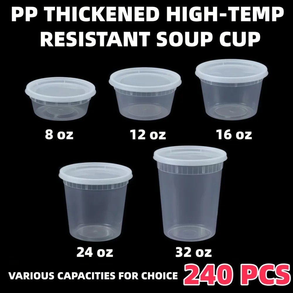

240pcs Disposable PP Soup Cups with Lids, Fresh-keeping & Storage Cups, Thickened High Temperature Resistant Takeaway Porridge Cups, Sealed Round Fast Food Containers, 8/16/32oz, Various Capacities And Quantities Optional