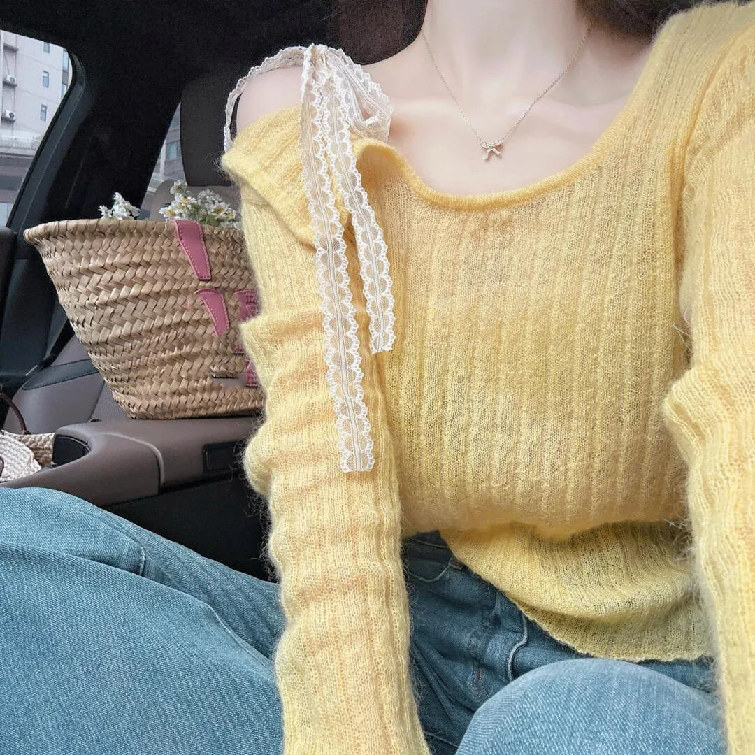 Feminino japonês fora do ombro de malha topo primavera verão nova emenda renda fita design sentido oco fino manga longa topo