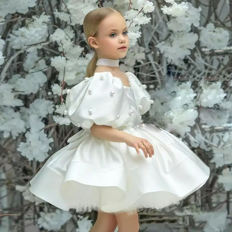 

2025 New Children's Elegant Dress Princess Dress White Pongsa Girl Model Fashion Evening Dress 80-160CM