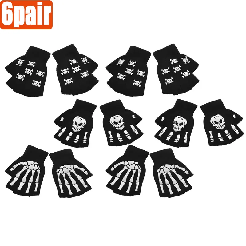 AliExpress 2/4/6pairs Unisex Adult Halloween Skeleton Skull Half Finger Gloves Glow in the Dark Fingerless Stretch Knitted Winter Mittens