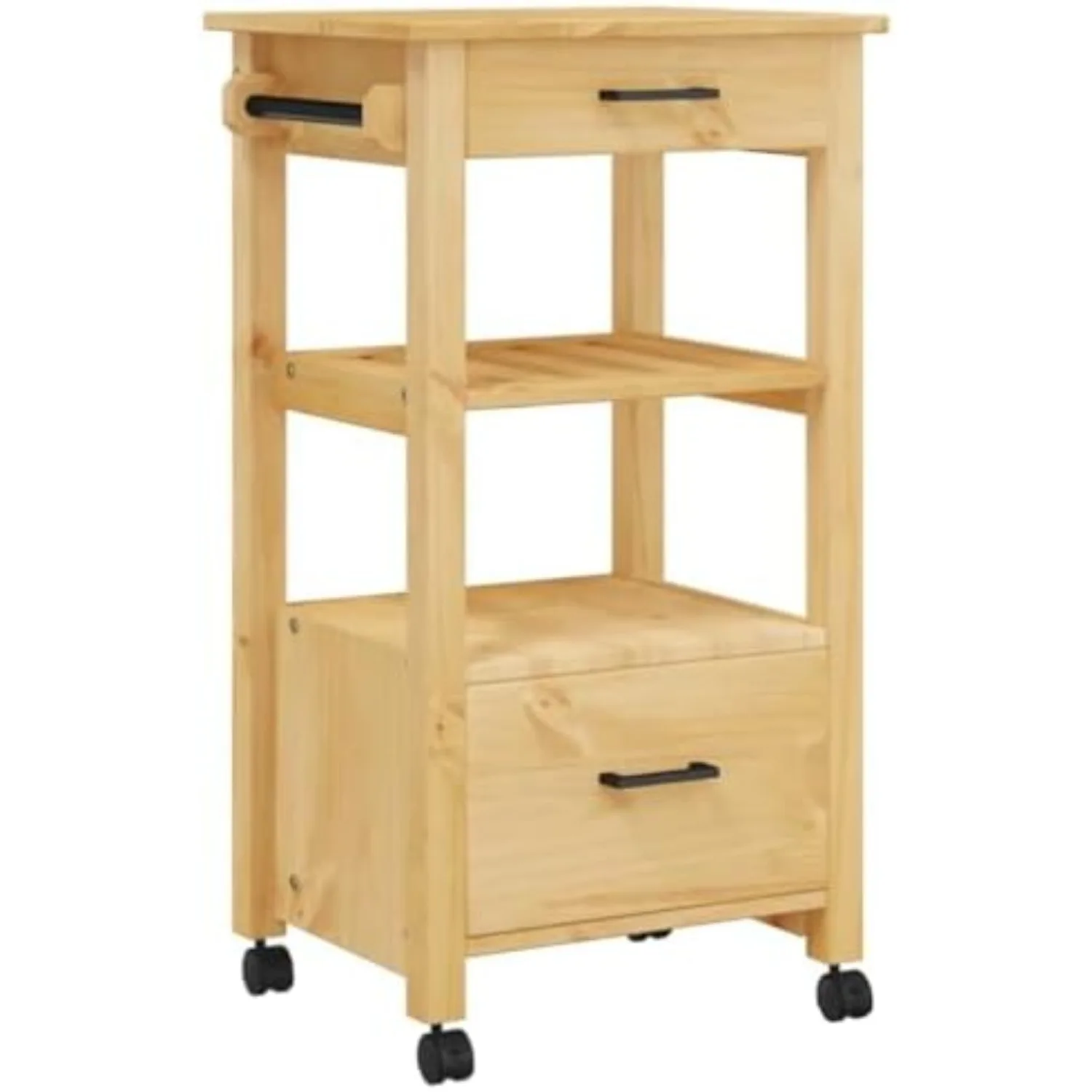 Kitchen Trolley Cart, Rolling Storage Organizer with 2 Drawers and Shelves, Rustic Solid Pine Wood Utility Island for