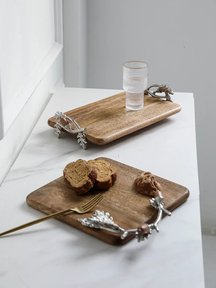 Pastoral Acacia Fruit Plate Restaurant Kitchen Sushi Bread Cutting Board Cutting Board Aluminum Handle Storage Tray Tea Tray
