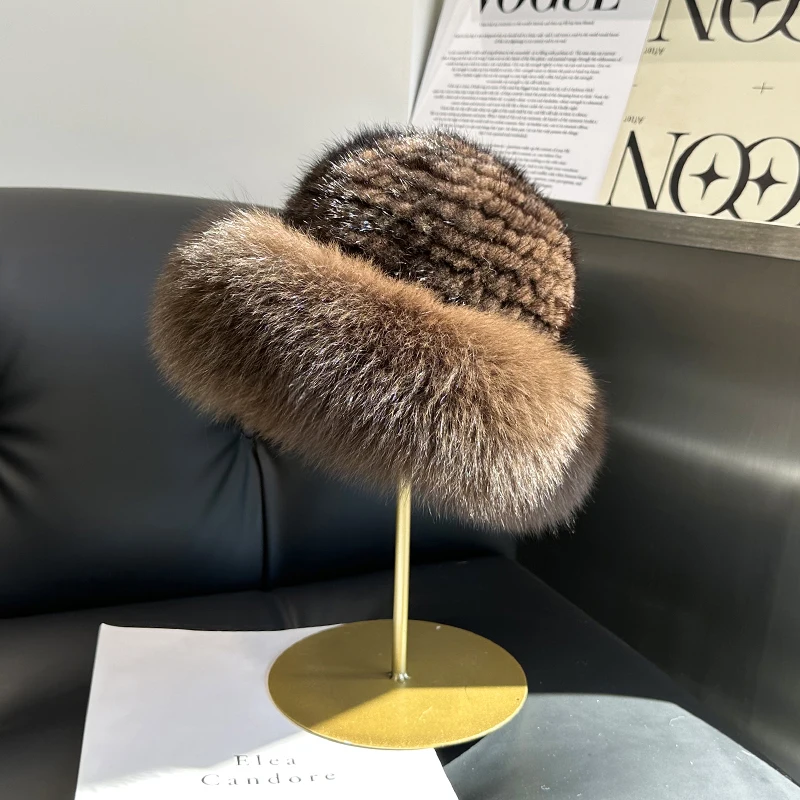 Nowa czapka z prawdziwego naturalnego futra norek Luksusowa damska ręcznie robiona dzianina Modne zimowe nakrycia głowy Ciepłe czapki z prawdziwego futra lisa