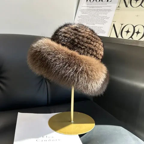 Chapéu de pele de vison natural genuíno para mulheres, boné de malha artesanal quente, Gorros de pele de raposa reais, moda luxuosa, inverno novo