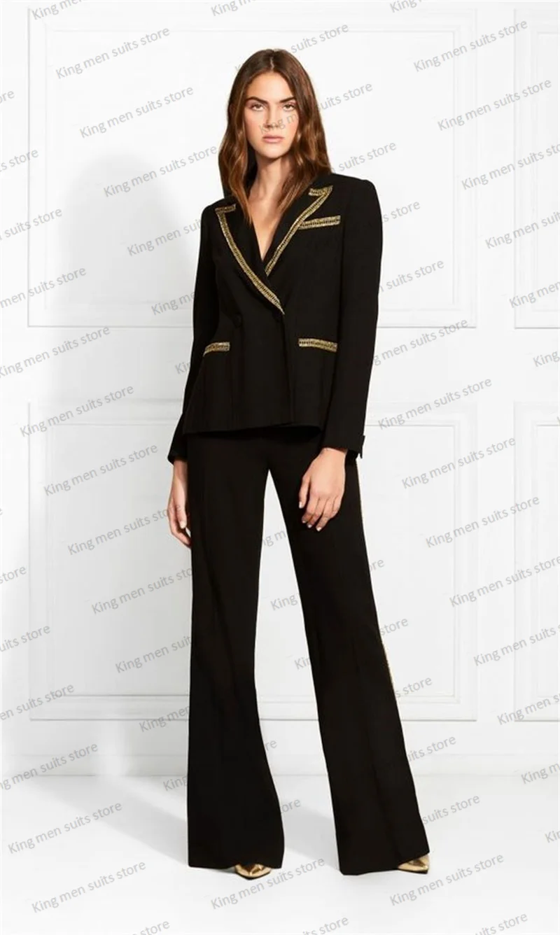 Conjunto de Blazer y pantalones acampanados para mujer, traje Formal con borde dorado, doble botonadura, color negro, 2 piezas, para oficina, hecho a medida