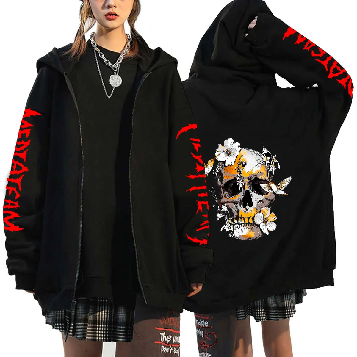 Skull Print Hooded Sweatshirt American Fashion Anime Men Women Zip-up Y2K Long Sleeve Hooded Jacket Lady Goth Loose Streetwear