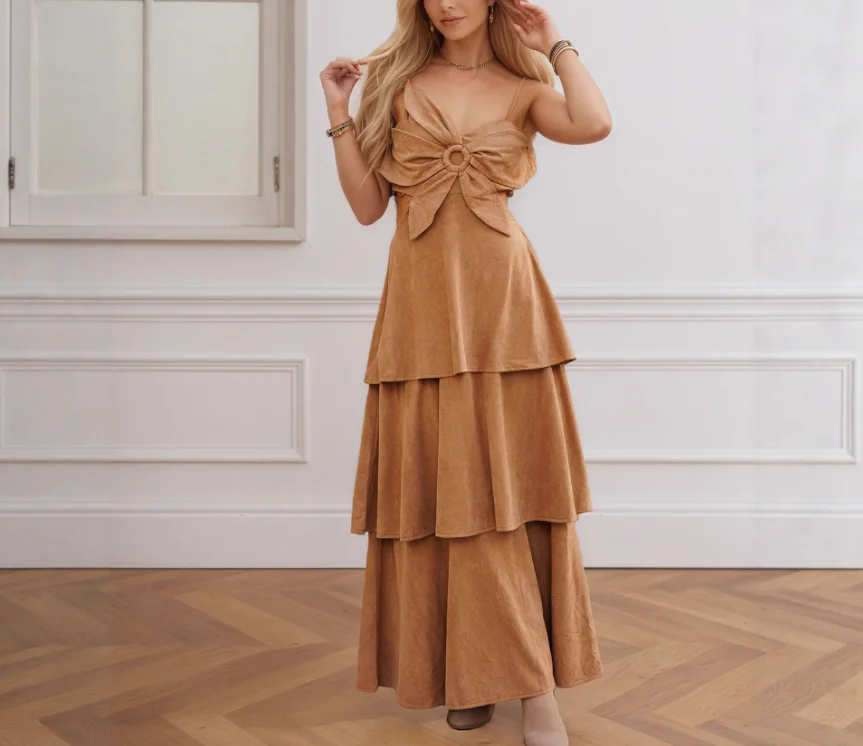 

Womens Dresses 2025 Spring New Solid Color French Style Retro Fashion Hollow Out Waist Casual Slimming Layered Long Suede Dress