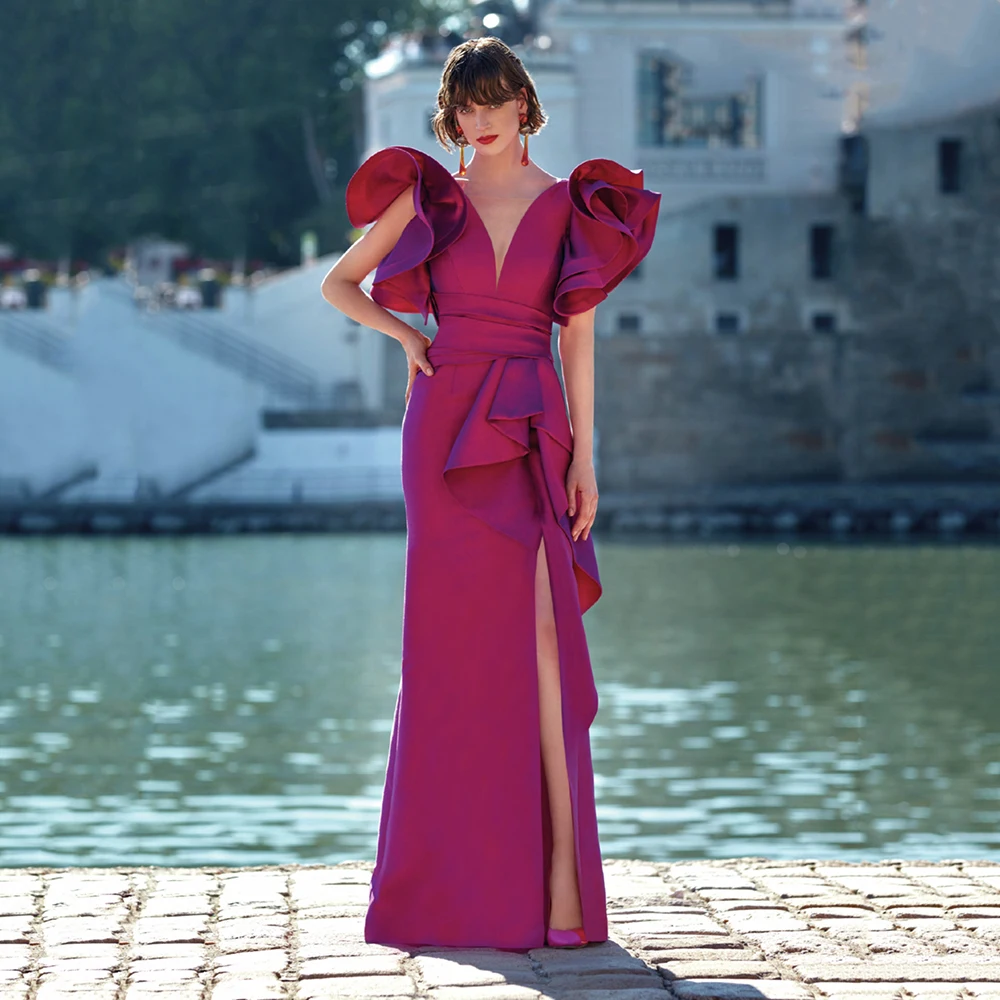 Vestido de sirena para madre de la novia, traje fucsia con abertura lateral, mangas casquillo, cuello en V, para invitados de boda, gran oferta, 2024