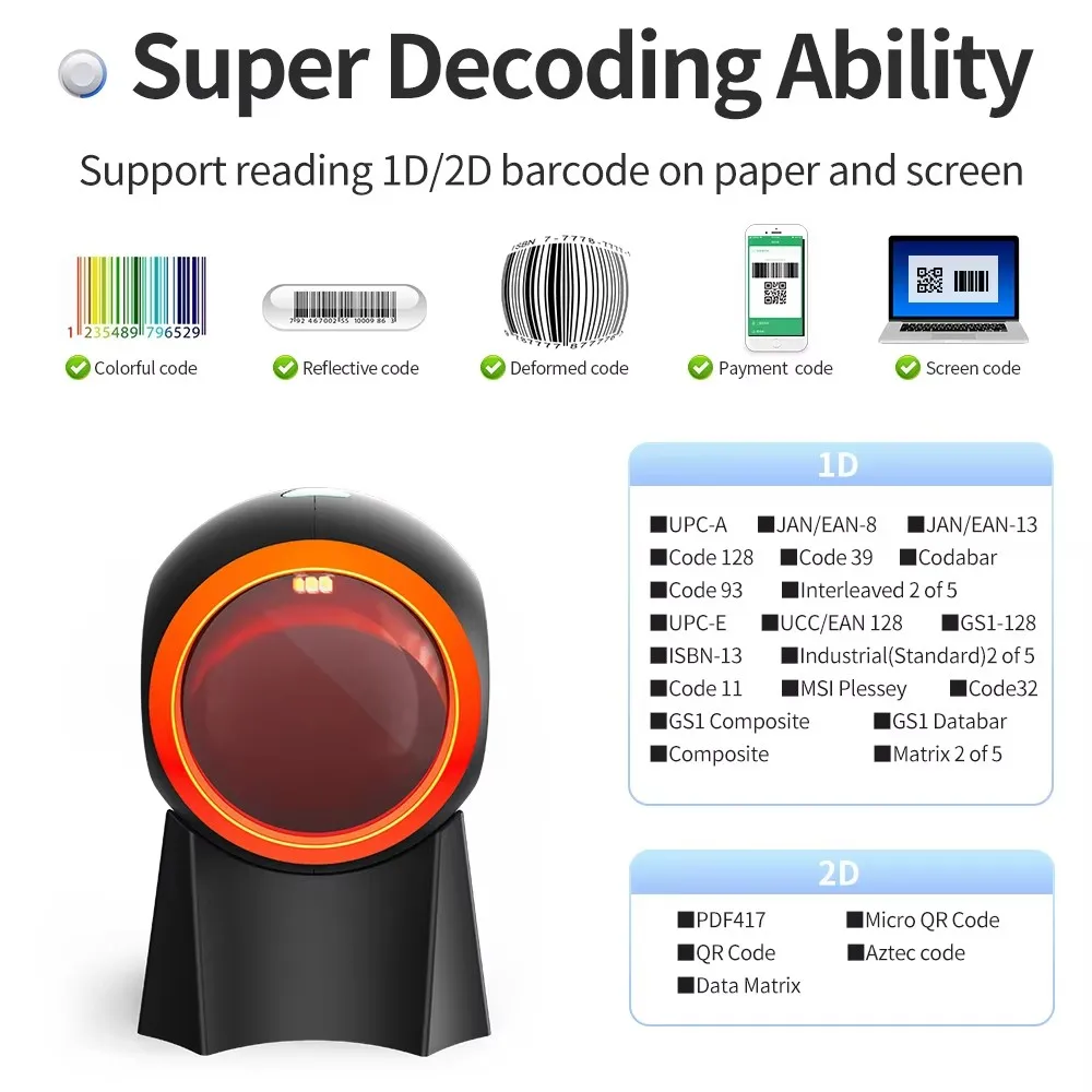 Desktop Barcode Scanner QR Code Reader High Speed Scanning Tool for POS Retail Store Supermarket