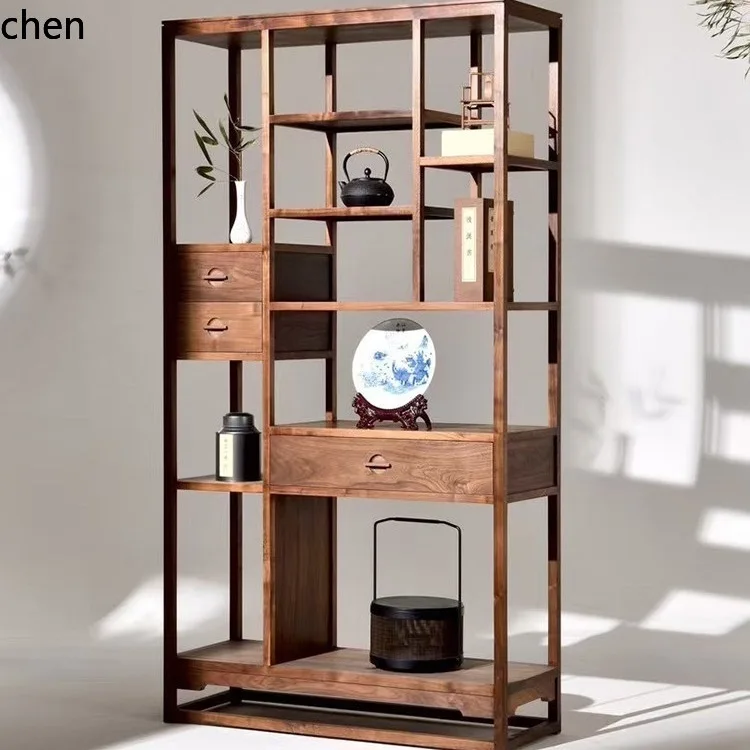 CZ Black Walnut Wood Zen-Inspired Solid Wood Multi-Treasure Shelf Display Bookshelf