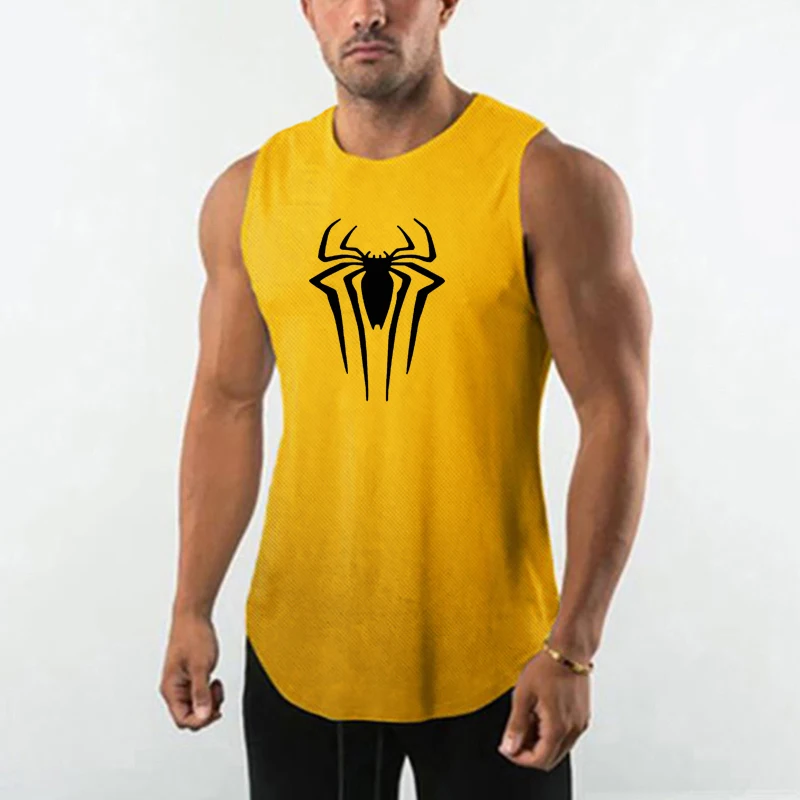 Spider Print Mens Running Sport Shirt Mesh Breathable Quick Dry Gym Clothing Bodybuilding Fitness Sleeveless Workout  Tank Tops