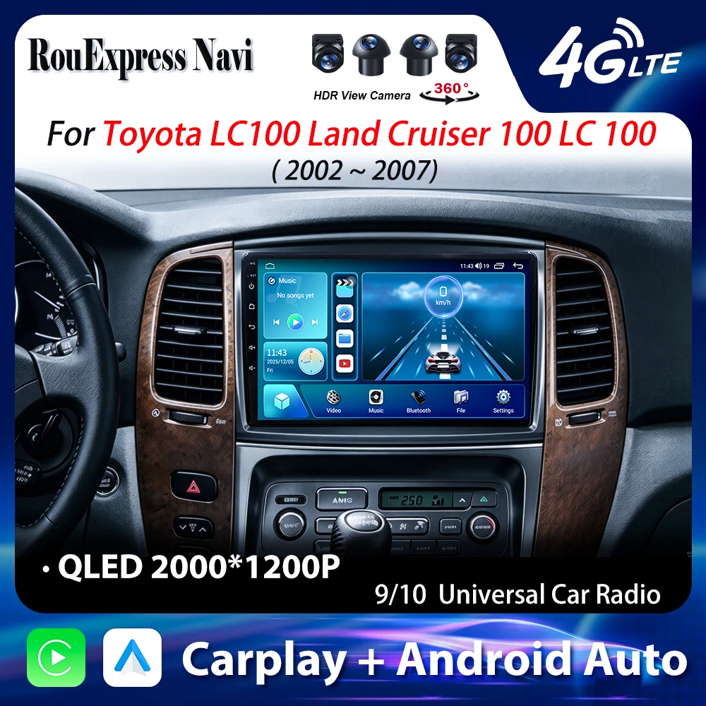 Android For Toyota Land Cruiser 100 LC100 Lexus LX470 2002 - 2007 Car Radio Stereo Head Unit CarPlay 2din QLED Screen Bluetooth