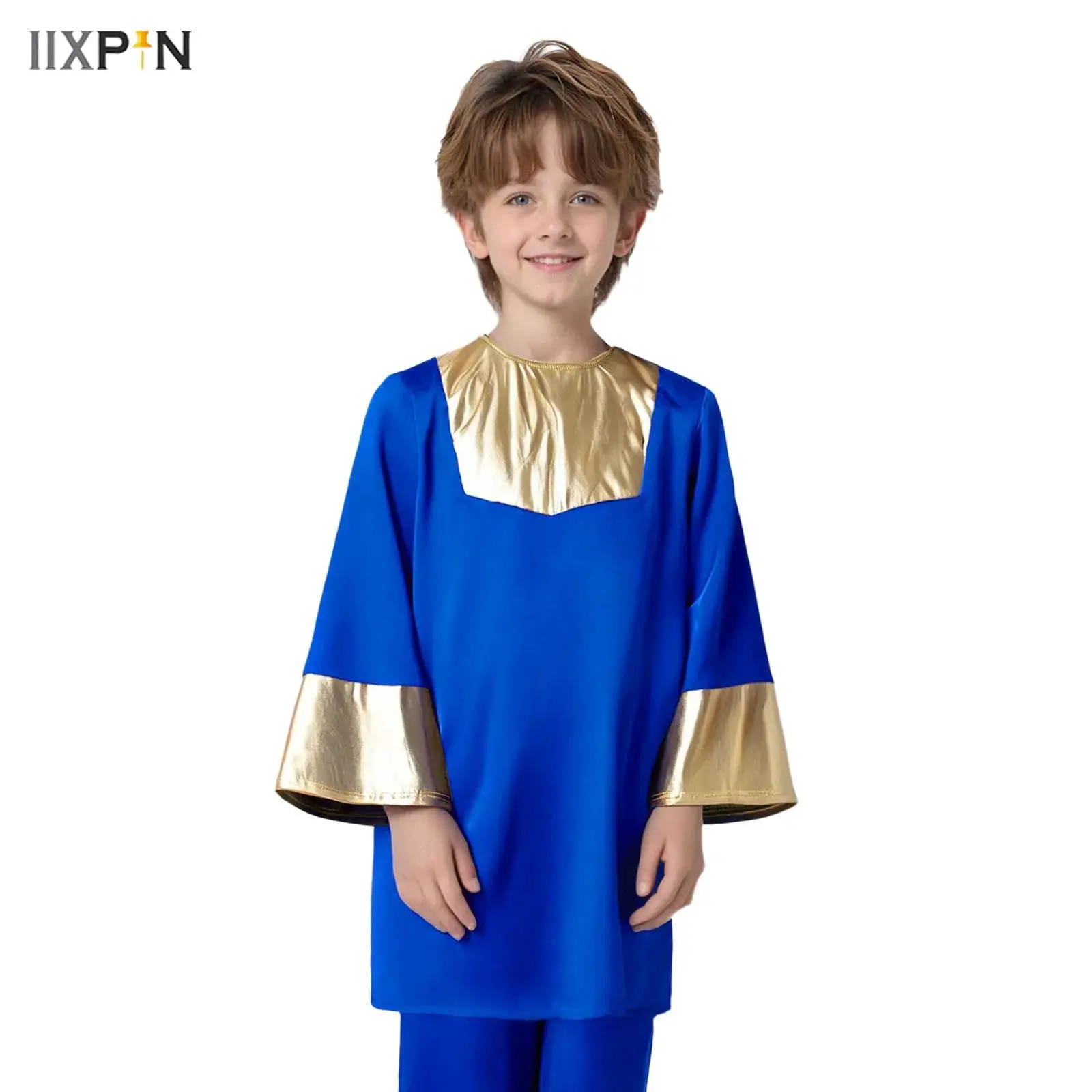 أطفال بنين بنات العبادة الثناء الرقص الأعلى جولة الرقبة طويلة الأكمام سستة معدنية اللون كتلة المرقعة رداء الكنيسة جوقة زي #1
