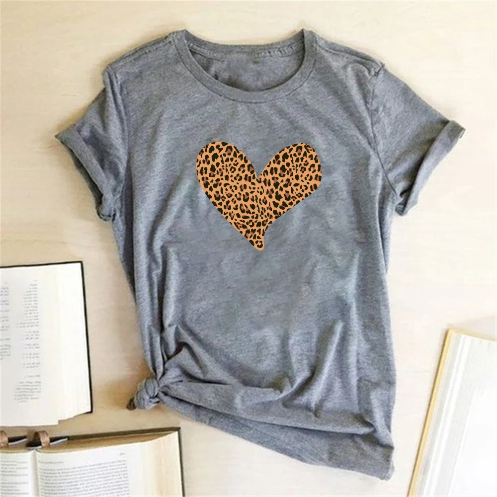 Summer T Shirt for Women Loose T Shirt Woman Harajuku Ropa Mujer Verano Leopard Heart Print Shirts Loose Cattoon Summer Clothing