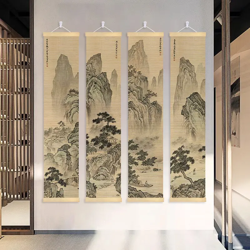 Paintings Four Panel Landscape Bamboo Scroll Wall Art Chinese Ink Wash Mountain Waterfall for Study Tea House Zen Sanctuary