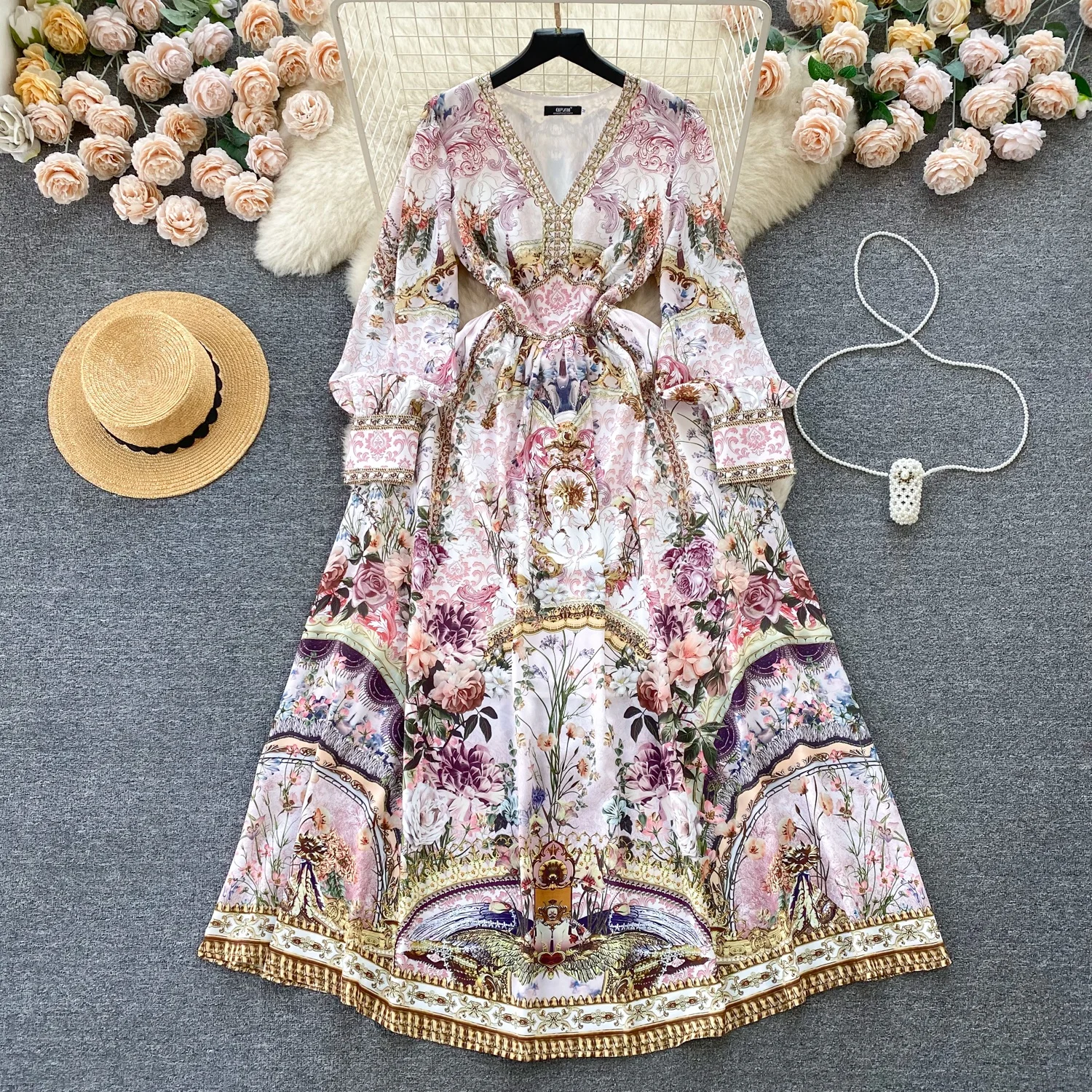 

Новинка 2025: Модное женское платье с цветочным принтом, длинное, с завышенной талией, А-силуэт, V-образный вырез, подходит для повседневной носки и офиса