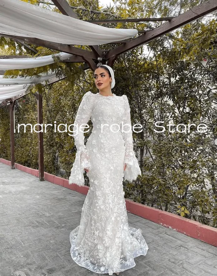 فساتين زفاف حورية البحر للحجاب الإسلامي برقبة عالية وأكمام طويلة مزينة بالزهور فستان زفاف للحديقة مخصص فيستدو دي نوفيا