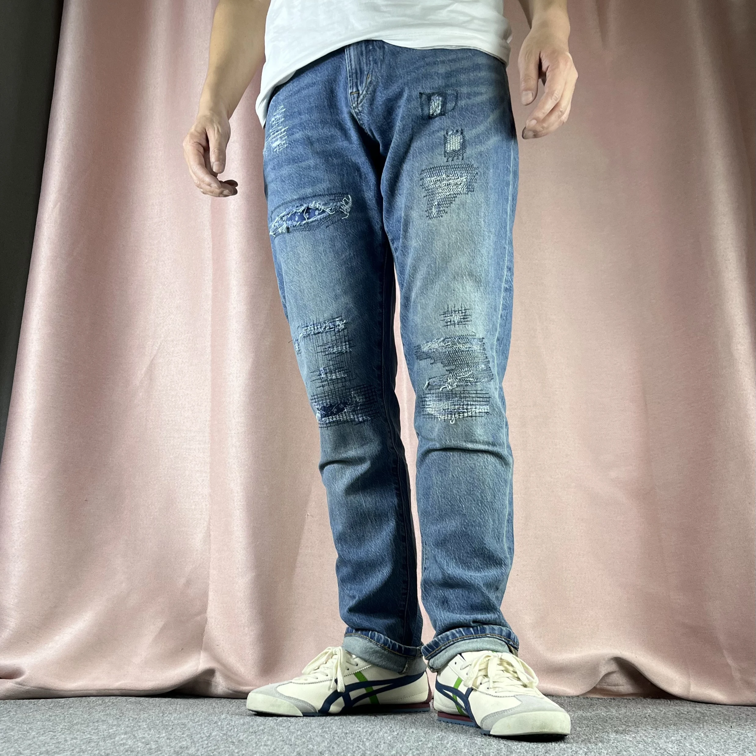 

Изношенные джинсы Distred, мужские облегающие винтажные лоскутные синие джинсы, повседневные удобные дышащие осенние джинсы