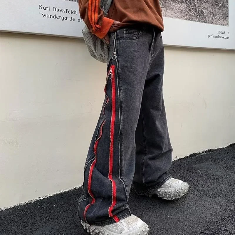 2023 Ribbon Double Zipper Edge Baggy Y2k Jeans Pants Men Harajuku Streetwear Wide Leg Loose Harem Denim Trousers for Man Autumn