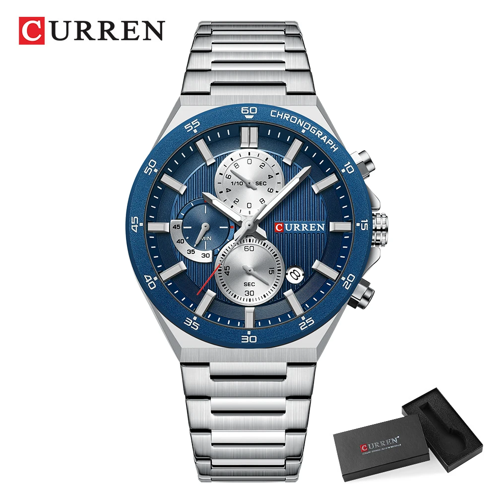 CURREN Sporty Elegant 43mm Men's Chronograph Dial Watch with Stainless Steel Band Luminous Hands Quartzt Wristwatch for Men