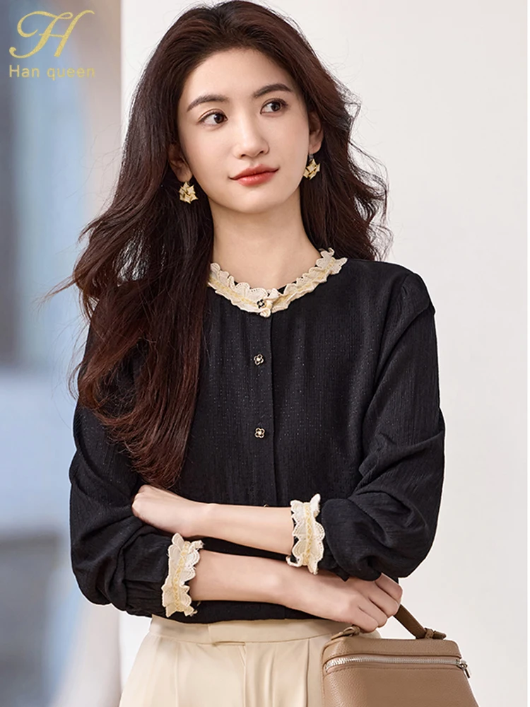 

H Han Queen Elegant Autumn Female Shirt Patchwork Chiffon Simple Office Lady Loose Tops Long Sleeve Casual OL Blouses Women 2025
