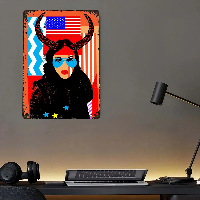 BUFFALO GIRL WITH SUNGLASS Metal Poster Wall Art Retro Vintage Metal Signs for Man Cave Home Decoration Room Bedroom Decorations view 4