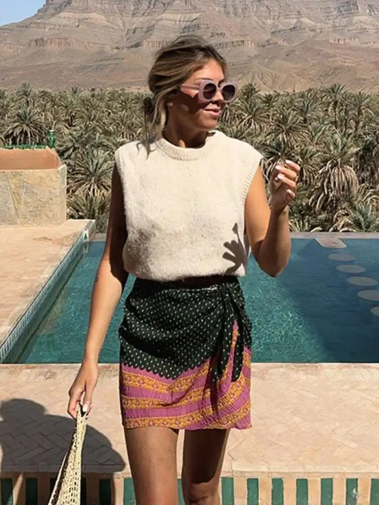 Eleganckie sznurowane spódnice z nadrukiem w kształcie fali Patchwork Mini modne kolory kolizyjne nowe damskie letnie spódnice BabYoungBeach