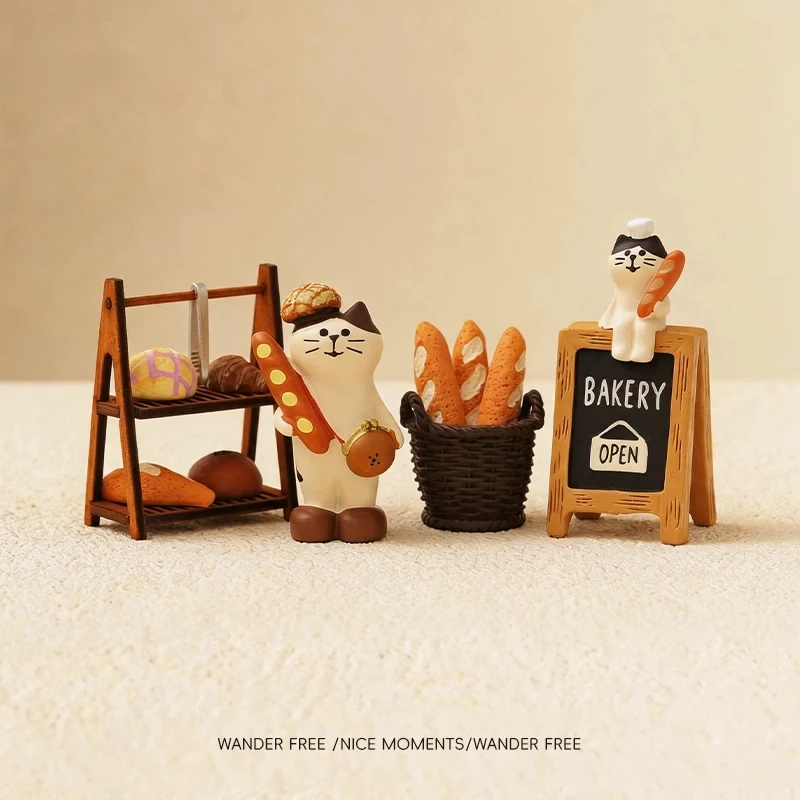 Desk Accessories Cute Cat Figurine Holding Baguette Resin Desktop Ornament Creative Bread Basket Decor For Home Office Desk Gift