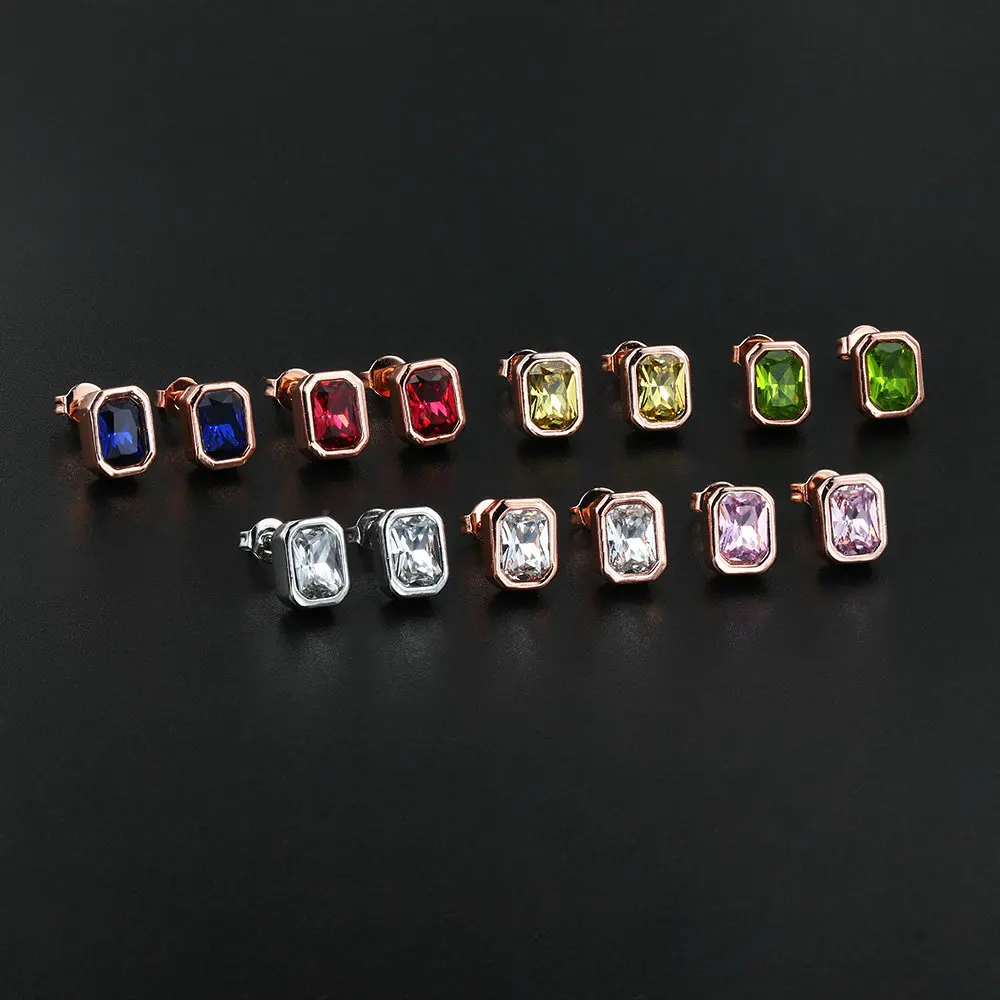 Simple Classic Stud Earrings For Women Multicolour Geometric Square Zircon Rose Gold Color Ear Jewelry Wholesale Gifts KCE126