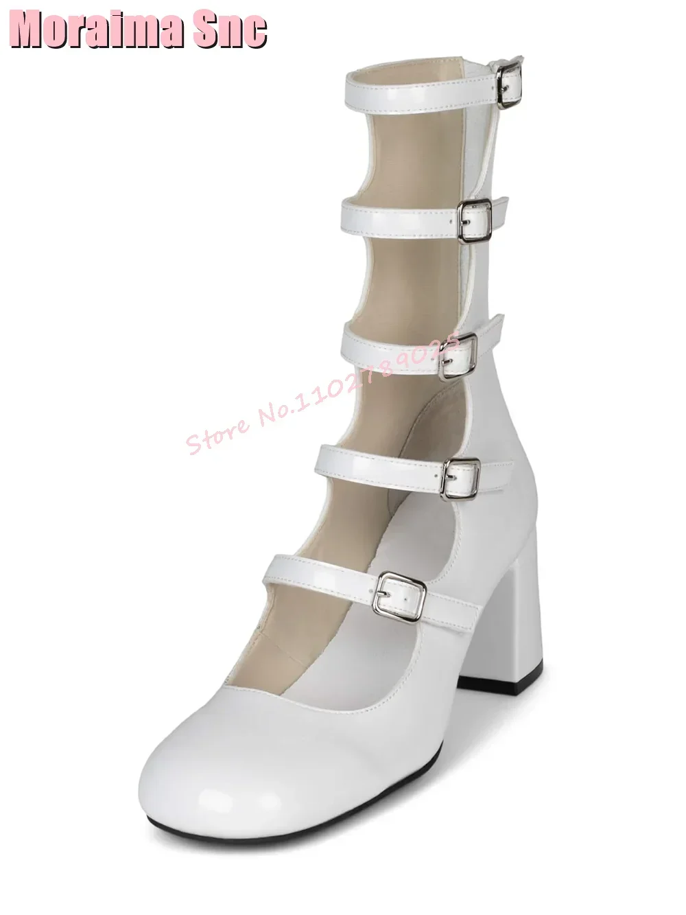 

Belt Buckle Round Toe Hollow Mary Janes Block Chunky Heel Back Zipper Patent Leather Women Shoes Summer Fashion White Siolid New