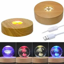 Round Crystal Luminous Light Wood Base Rechargeable LED Light Rotating Display Stand Aromatherapy Night Light Lamp Holder