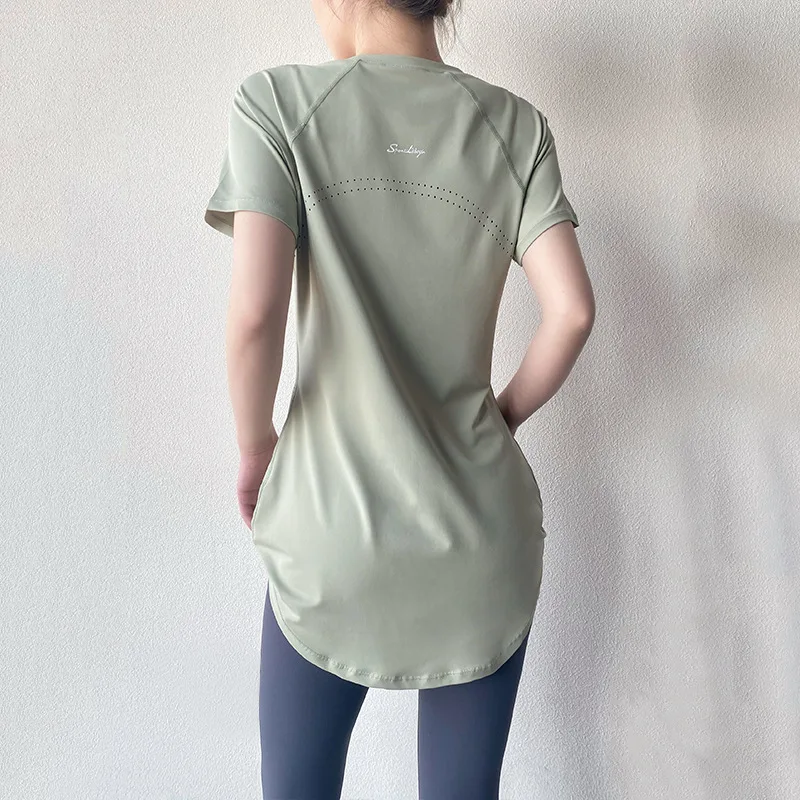 Sportedly-T-shirt à manches courtes pour femme, séchage rapide, haut de fitness, respirant, mince, couvre-fesses, chemise de course, vêtements de