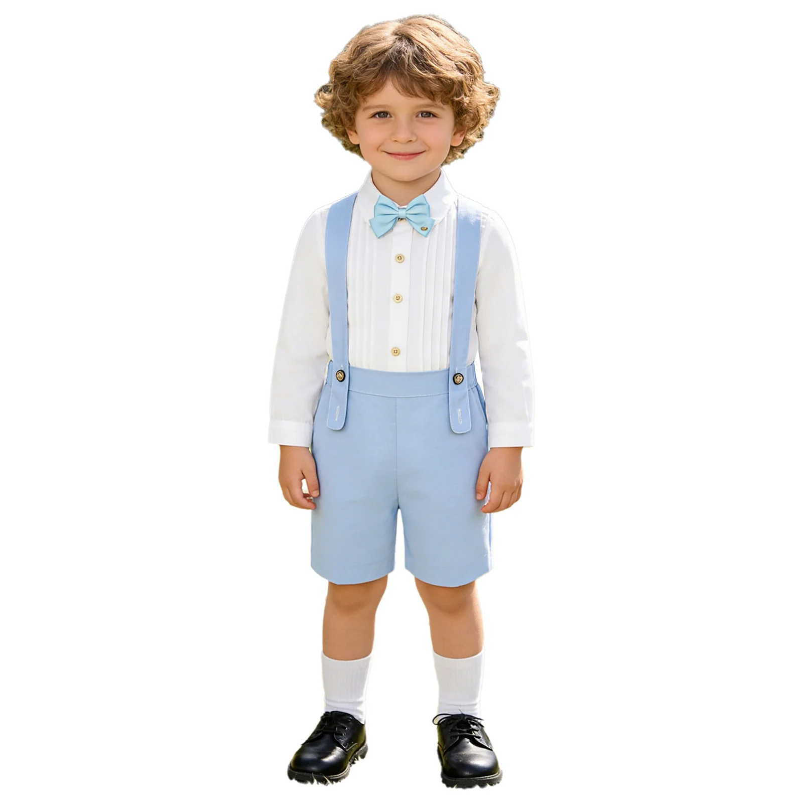 Boys Wedding Birthday Party Suits Toddlers Formal Outfit Long Sleeve Shirt Christening Gown Bowtie Suspender Shorts 3-piece Set