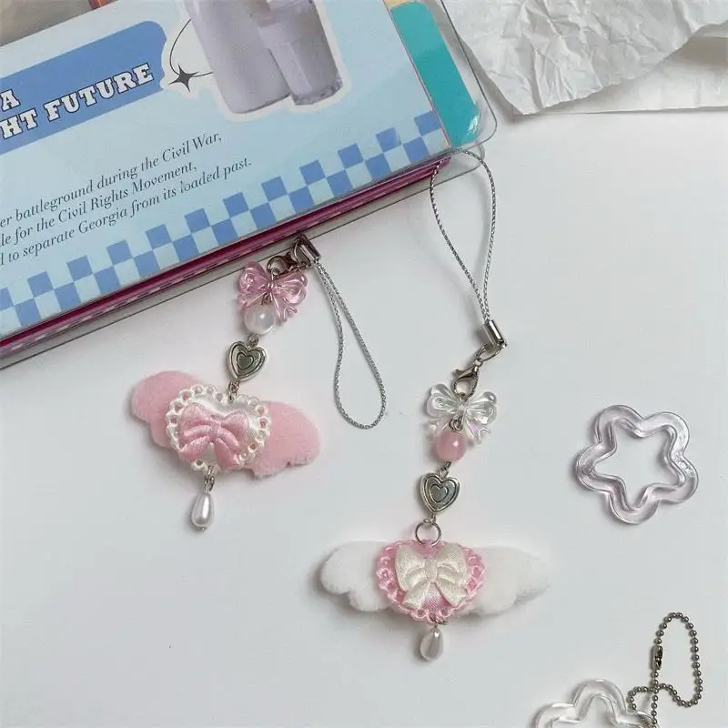 Cordão de Telefone com Laço de Asas de Anjo Fofo e Doce, Chaveiro, Pingentes, Corrente Anti-Perda para Celular, Enfeites para Bolsa, Charm Feminino para Celular, Presentes
