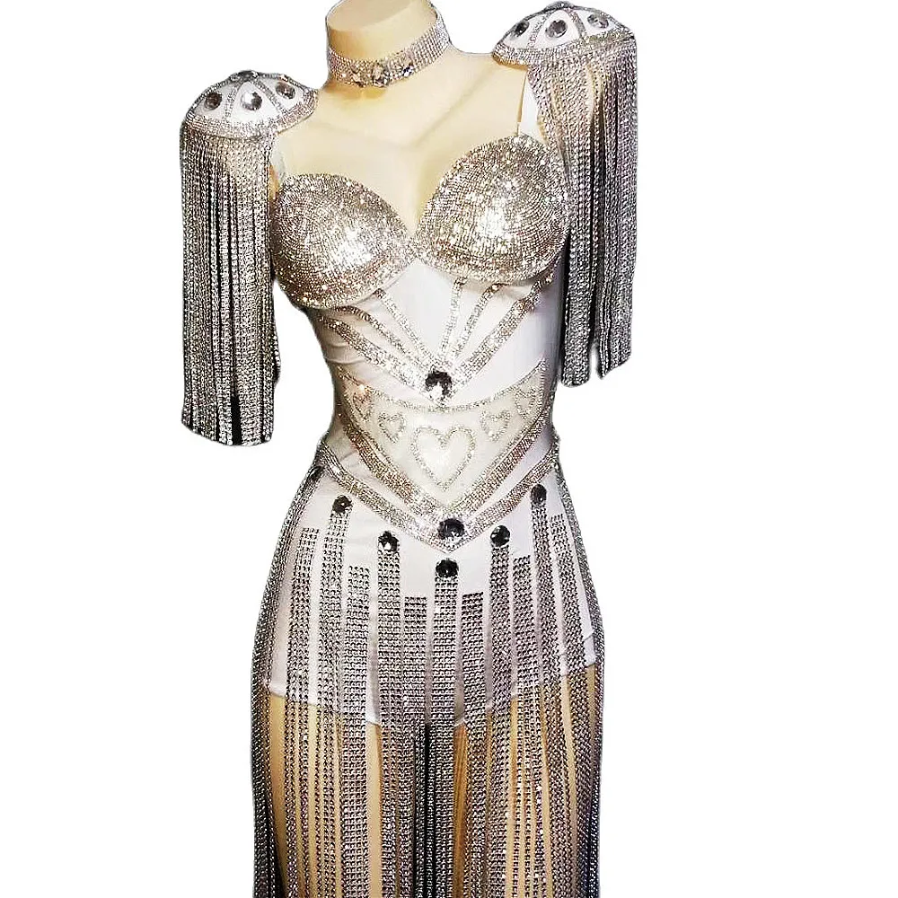 

Silver Shining Sequins Rhinestones Crystal White Sexy Women Long Tassel Bodysuit Pole Dance Stage Costume Club Bar Party Cloth