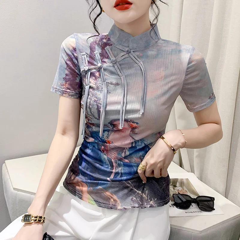 

Женская футболка в стиле ретро с пуговицами, воротником-стойкой, приталенная, летняя, повседневная одежда