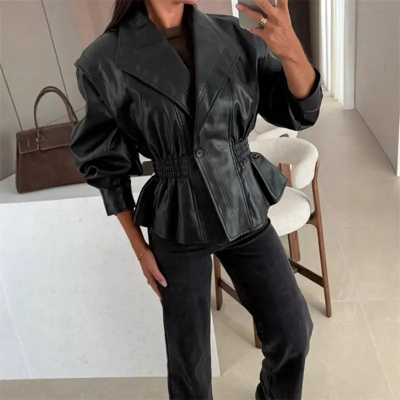 Women's Clothing Autumn and Winter New Fashion Blogger with The Same Washed Old Style Imitation Leather Fake Two-piece Coat