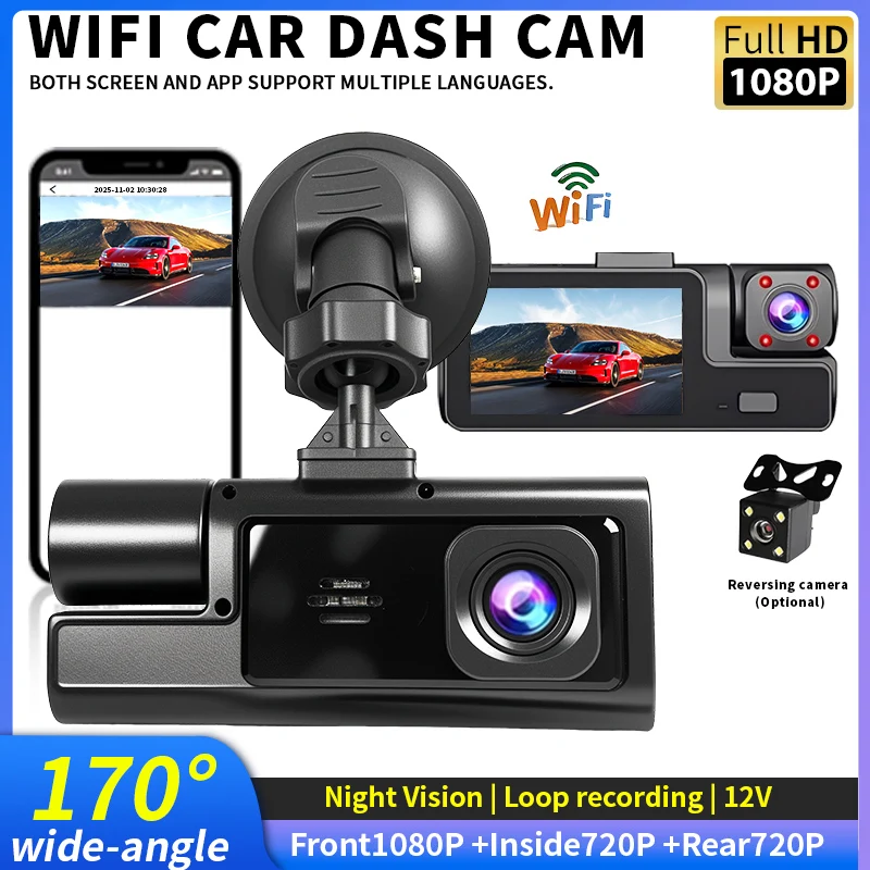 HD1080P WIFI Dash Cam 3 Lens 170° Wide Angle Front Inside Rear,Night Vision &Loop video& Rec Vehicle Accessories.