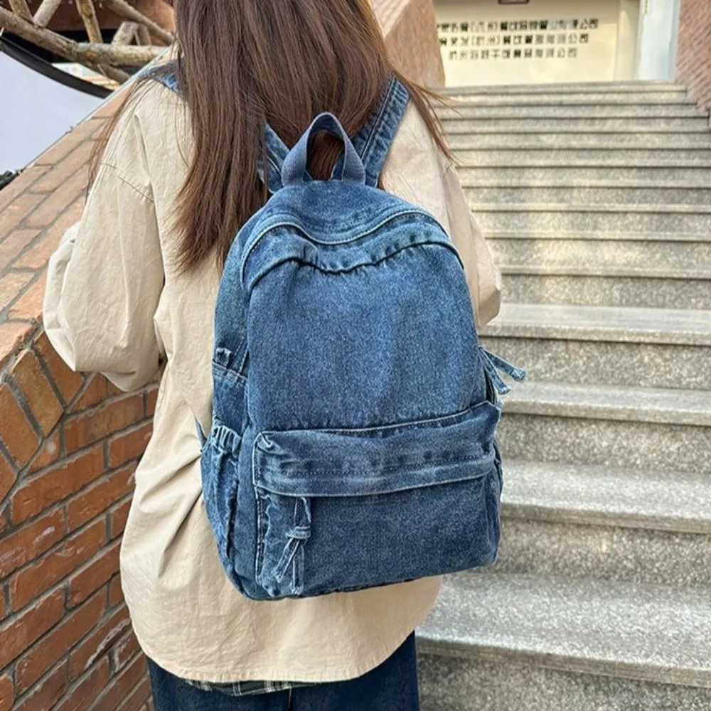 Casual Vintage Denim Backpack Solid Color Street Style Travel Backpack Large Capacity School Bag for Men and Women