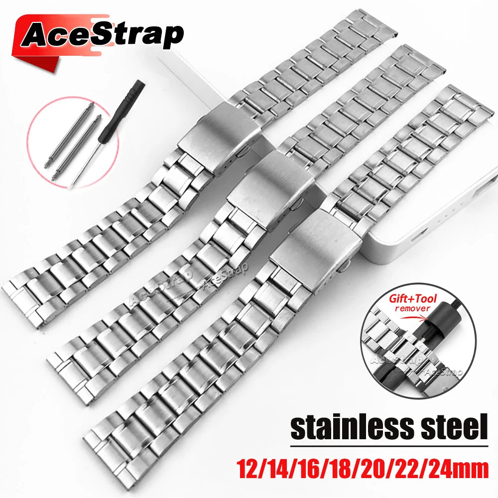 Universa Stainless Steel Watch Band 12mm 14mm 16mm 18mm 20mm 22mm Double Press Folding Buckle Strap Silver Wristband with Tool