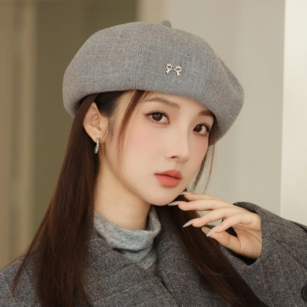 

Casual Bow Women Berets Elastic Solid Color Painter Caps Keep Warm Korean Style British Beanie Hat Winter