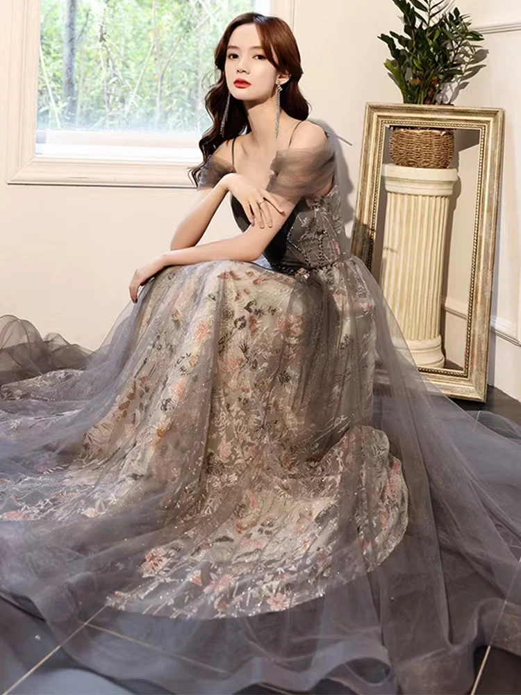 

Элегантные вечерние платья трапециевидной формы с открытыми плечами на тонких бретельках с v-образным вырезом и открытой спиной, кружевные аппликации, банкетное платье для выпускного вечера, новинка 2023 года