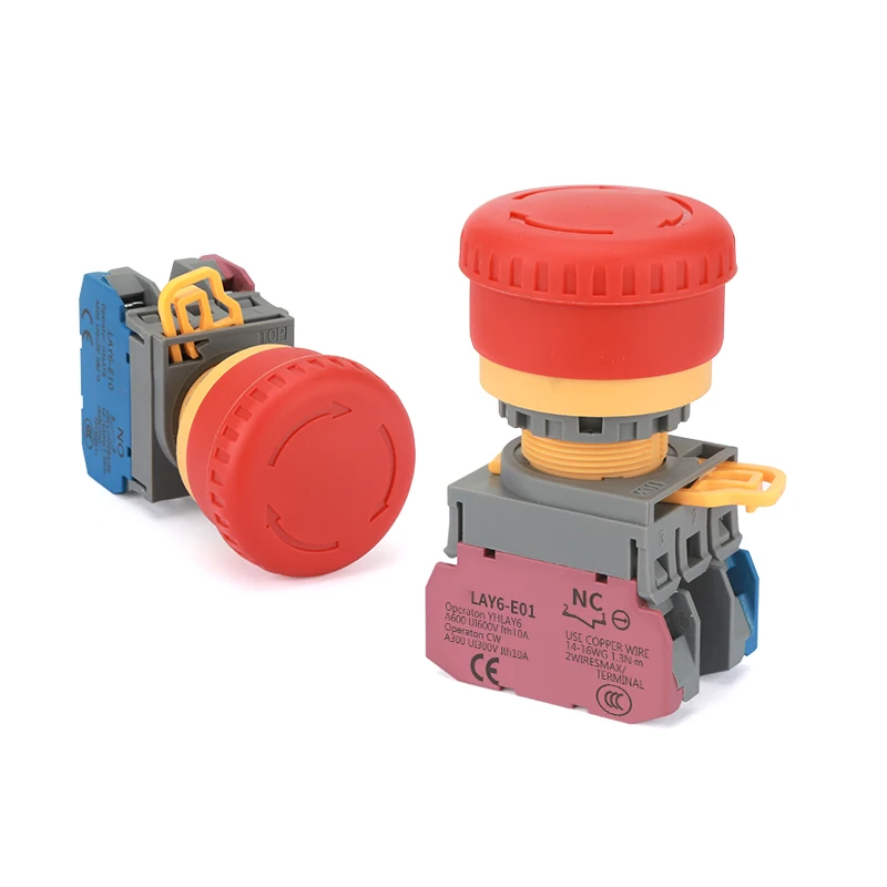 22mm Plastic Emergency Stop Push Button Switch Latching Self-locked 1NO1NC Switch with Red Mushroom Cap and Light