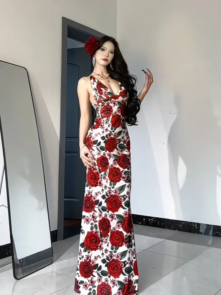 

XZY Vintage Rose Print Strap Dr Women's plus Size Summer Vaion Sle Bapa Butt Dr Casual Polyester Fiber