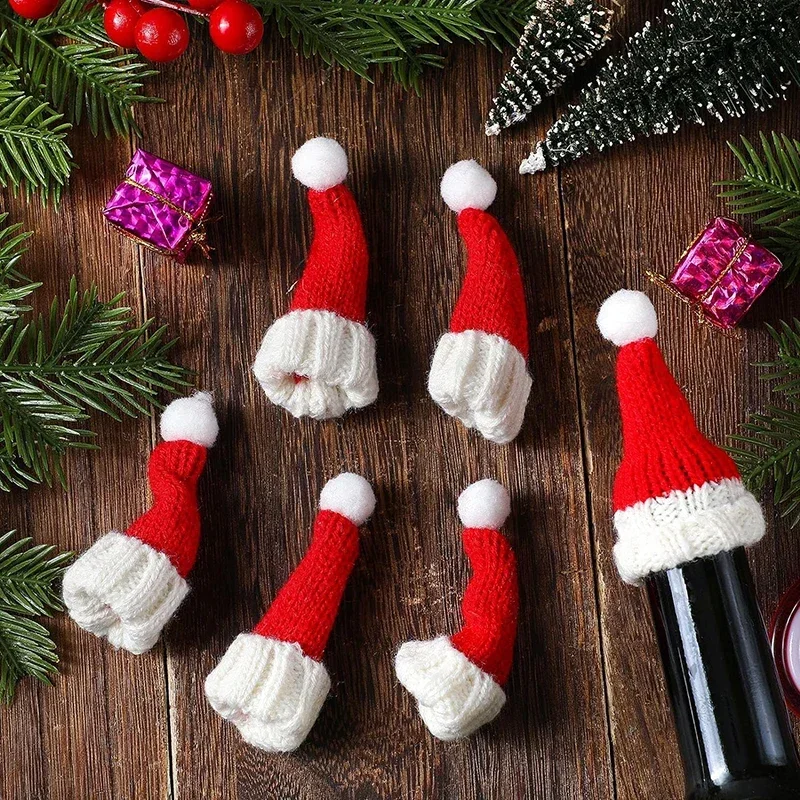 3pcs Mini Santa Hats Crafts Small Knitting Doll Hats Wool Hat DIY Christmas Ornaments Table Candy Covers Cup Bottle Covers Decor